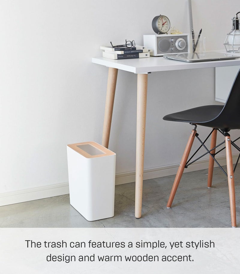 YAMAZAKI Home Rin Trash Can - Small Modern Home Wastebasket for Bathroom Kitchen Office - Steel + Wood - Image 3